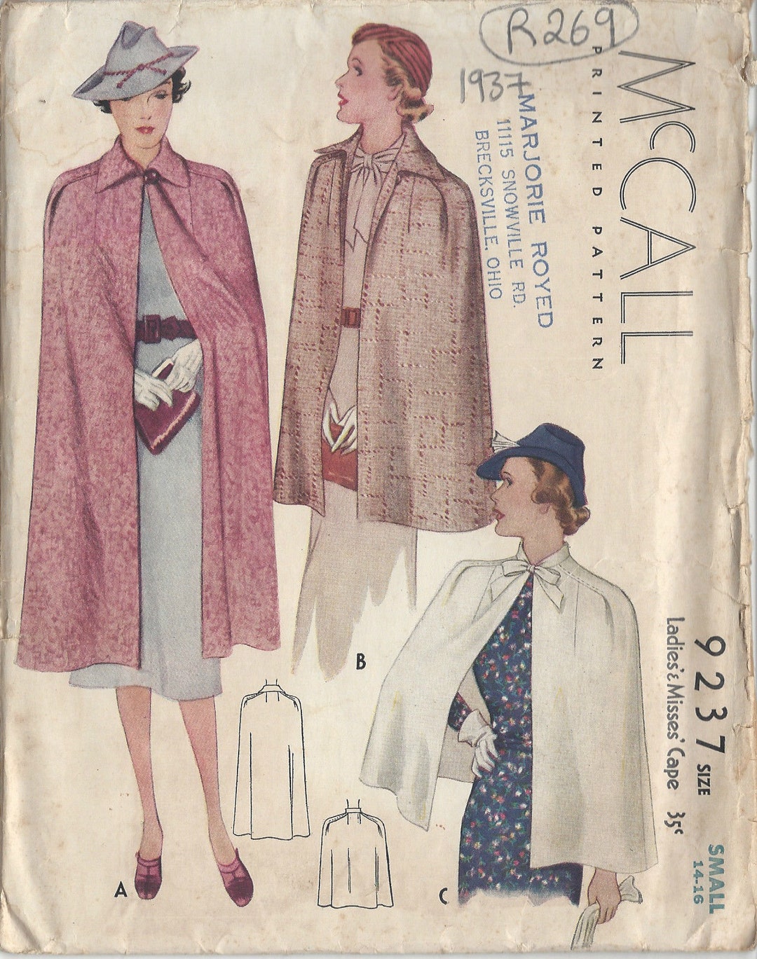 1937 Vintage Sewing Pattern CAPE B32