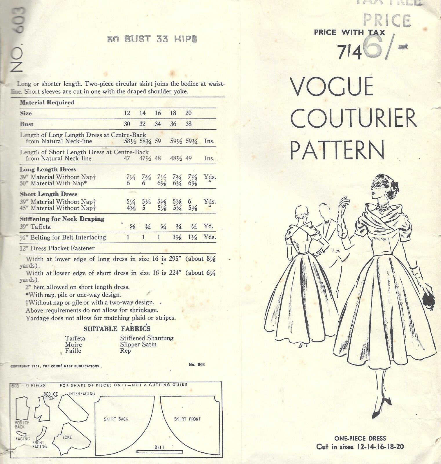 Patron De Couture Vogue Vintage 1951 - Robe B30 (1428) - Vogue 603 - Non Découpé