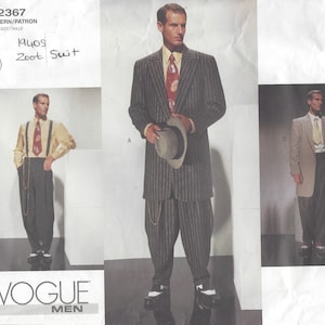 May include: A vintage sewing pattern for a 1940s zoot suit. The pattern is for sizes 32, 34, and 36. The pattern number is 2367. The pattern is from Vogue Men.