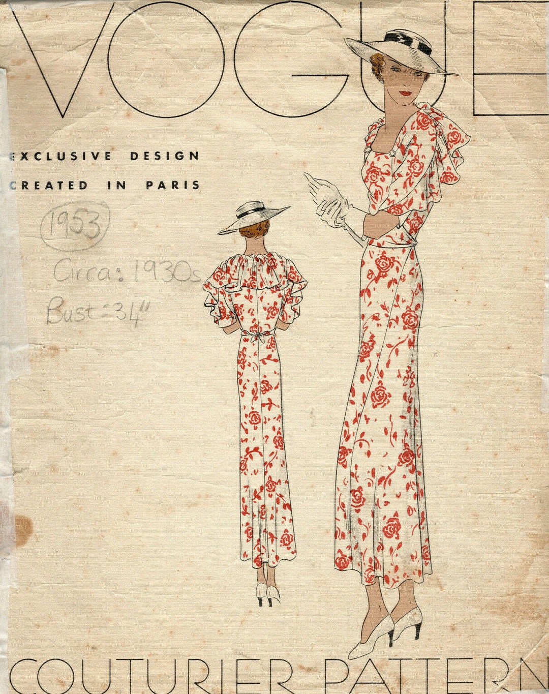 Patron De Couture VOGUE Années 1930 - Robe B34 (Modèle 1834) - Neuf
