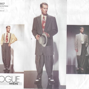 May include: A vintage sewing pattern for a men's suit with a pinstripe design. The pattern includes instructions for a jacket, pants, and a vest. The pattern number is 2367 and the sizes are 38-40-42.