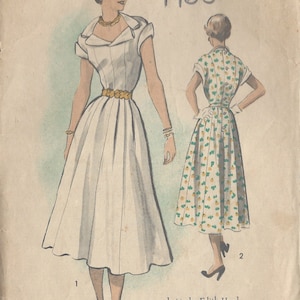 May include: Vintage sewing pattern for a dress, Advance pattern number 546, size 12, bust 30, hip 33. The pattern is from 1950 and features two illustrations of women wearing dresses. The dress on the left is white and the dress on the right is green with a floral print.