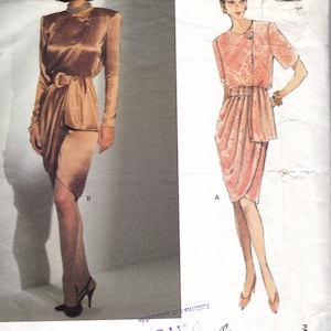 May include: Vintage sewing pattern for a dress by Givenchy, Vogue pattern number 2784, circa 1991. The pattern includes two styles: a long-sleeved dress with a wrap skirt and a short-sleeved dress with a wrap skirt.