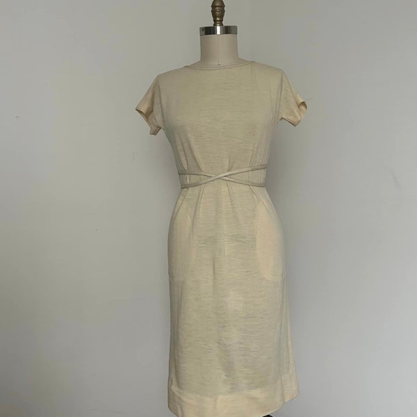 1960s Bonnie Cashin for Sills Cream Wool Knit Sheath Dress with Beige Leather Trim and Waistie
