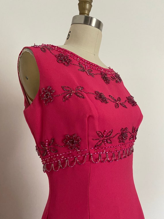 1960s Hot Pink Column Gown with Beaded Bodice - image 2