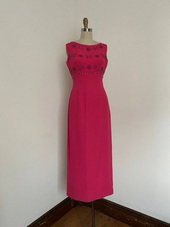 1960s Hot Pink Column Gown with Beaded Bodice - image 1