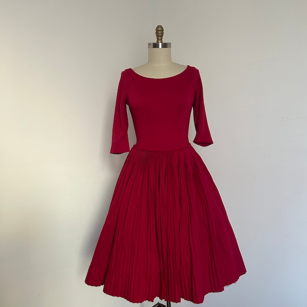 1950s Raspberry Red Pleated Wool Pat Premo Cocktail Dress