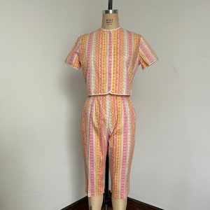 1960s Pink Orange and Yellow Two Piece Cotton Pant and Blouse Set