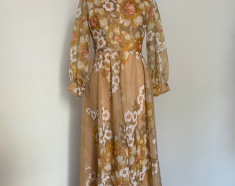 1970s Floral Chiffon Maxi Dress with Balloon Sleeves