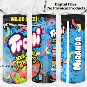 May include: A digital design for a 20 oz tumbler featuring a blue and white background with a colorful image of a bag of Trolli Sour Brite Crawlers candy. The design includes the text "Trolli Sour Brite Crawlers" and "Value Size! Resealable". The tumbler is personalized with the name "Miranda".