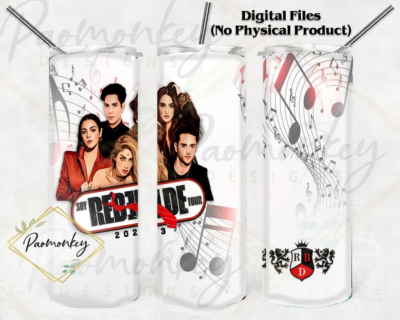 May include: A white tumbler with a design featuring a group of people, musical notes, and the text "Soy Rebelde Tour 2023".