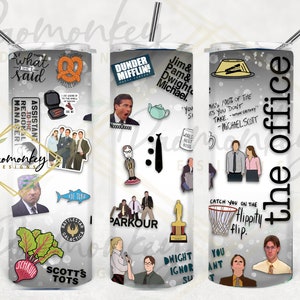 May include: A gray and white tumbler with a variety of The Office themed stickers and graphics. The stickers include characters, quotes, and logos from the popular TV show. The tumbler is decorated with a gray background and white text.