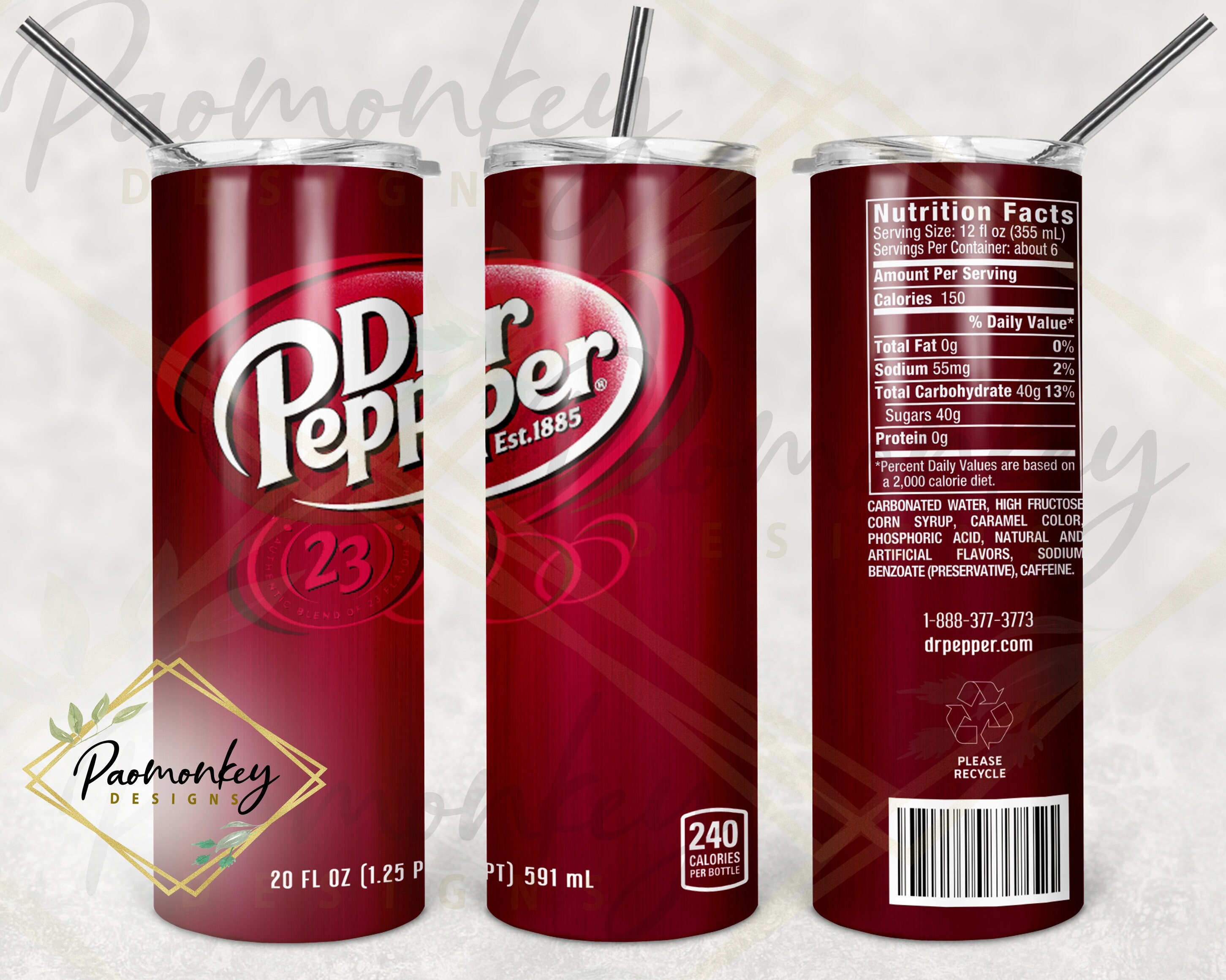 Dr Pepper Diet Tumbler Wrap, 20oz Skinny Tumbler, Straight