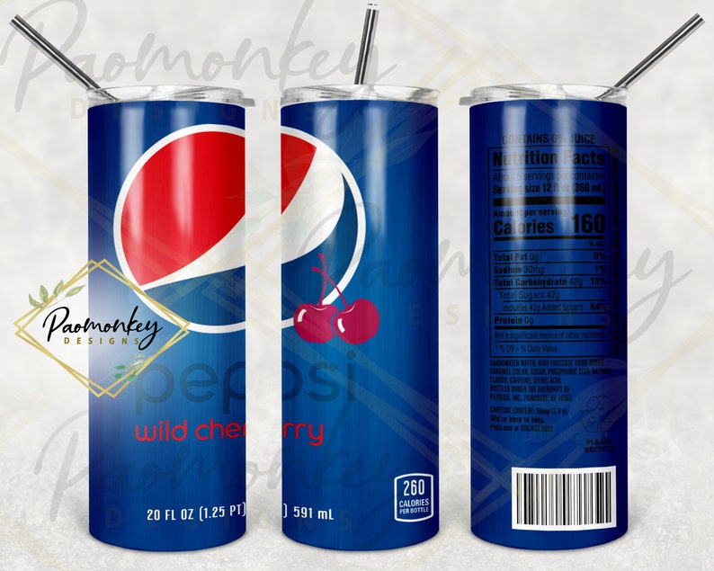 May include: A blue and red Pepsi can with the words "wild cherry" printed on it. The can is a 20 fluid ounce (1.25 pint) size and contains 260 calories per bottle. The can is also labeled with the nutritional facts for one serving.