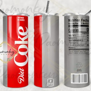 May include: A stainless steel tumbler with a red and white design featuring the words "Diet Coke" and "No Sugar, No Calories". The tumbler has a silver lid and a silver bottom. The back of the tumbler has a nutrition facts label.