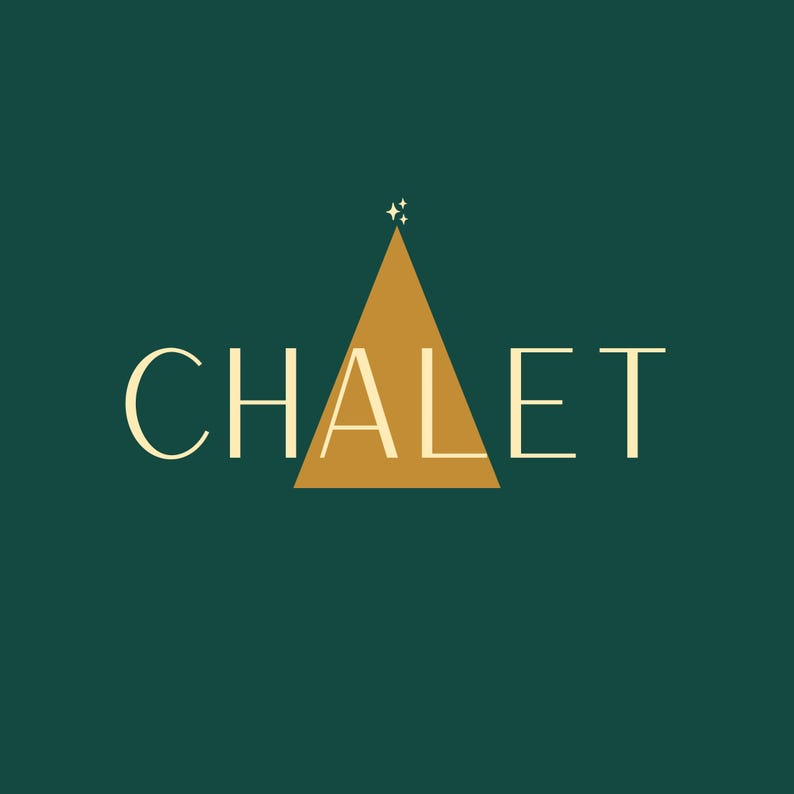 以下が含まれることがあります： セリフ体フォントで「CHALET」の文字、その上に金色の三角形、上部に小さな星が描かれたロゴデザイン。背景は濃いティール色。