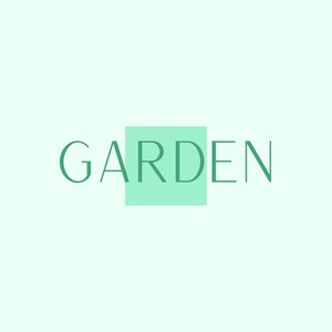 以下が含まれることがあります： 薄緑色の背景に、ターコイズグリーンのフォントで「GARDEN」という単語が中央に配置されています。「GARDEN」の「A」の文字は、同じターコイズグリーンの正方形の中にあります。