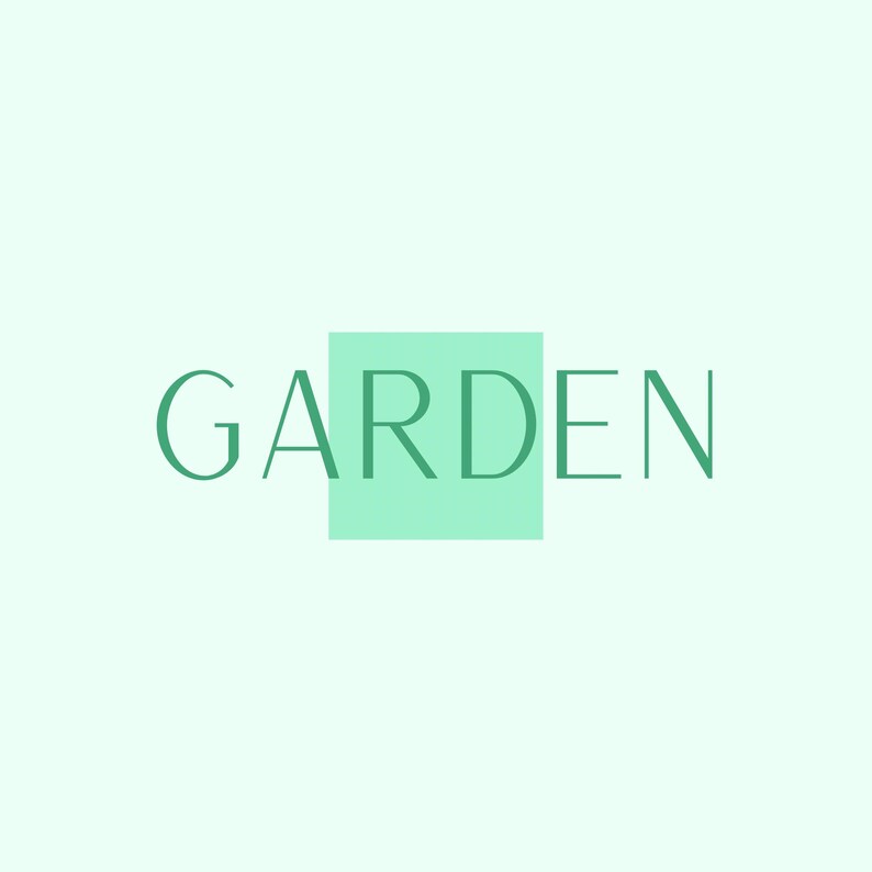 以下が含まれることがあります： 薄緑色の背景に、ターコイズグリーンのフォントで「GARDEN」という単語が中央に配置されています。「GARDEN」の「A」の文字は、同じターコイズグリーンの正方形の中にあります。