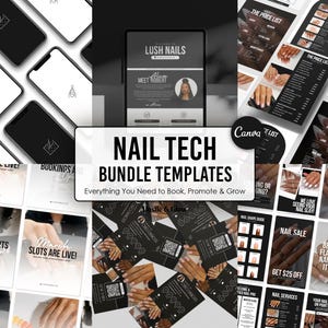May include: A collection of digital templates for nail technicians, including price lists, appointment cards, and promotional materials. The design features a black and white color scheme with images of manicured nails and smartphone mockups. Text includes "Nail Tech Bundle Templates".