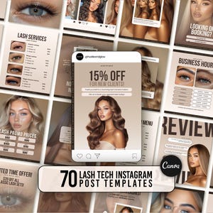 May include: A collection of 70 Instagram post templates for lash technicians. The templates feature a variety of designs, including photos of models with lashes, text overlays, and graphics. The templates are designed to help lash technicians promote their services and attract new clients.