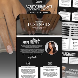 May include: A black and white Canva template for nail technicians, featuring the text "ACUITY TEMPLATE for Nail Tech" and "8 EDITABLE BANNERS." The template includes a business card design with the text "LUXE NAILS" and "Aliah Brown."