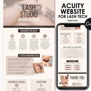 Könnte beinhalten: Ein Website-Mockup für ein Wimpernstudio in New York City. Die Website enthält Informationen zu Buchungsrichtlinien, zusätzlichen Informationen, Geschäftszeiten und Standort. Die Website enthält auch eine Dankesnachricht für die Buchung eines Termins.