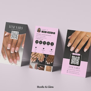 May include: Three business cards with nail art designs. The cards feature the text "LUXE NAILS" and a QR code. One card has a pink background with social media icons. The cards showcase manicured nails.