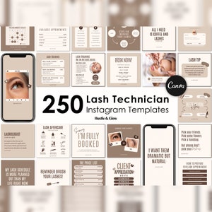 May include: A collection of 250 Instagram templates for lash technicians. The templates feature a variety of designs, including images of lashes, quotes, and text overlays. The templates are designed to help lash technicians promote their business and connect with their clients.