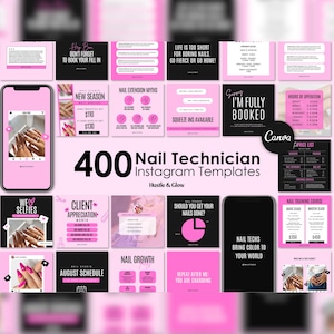 Pink and Black Nail Tech Instagram Posts | Matching Canva Stories & Highlight Covers