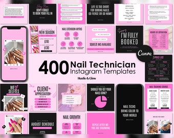 Puede incluir: Un collage de 400 plantillas de Instagram para técnicos de uñas. Las plantillas presentan fondos rosas y negros con varios diseños y textos, que incluyen "Nuevas ofertas especiales de uñas de temporada", "Mitos sobre las extensiones de uñas", "Mes de apreciación del cliente", "Crecimiento de las uñas", "¿Deberías hacerte las uñas?", "Nos encantan las selfies", "Calendario de agosto", "Repite después de mí: Eres encantadora", "Las técnicas de uñas aportan color a tu mundo", "Lo siento, estoy completamente reservada", "Horario de atención", "Lista de precios", "Curso de formación en uñas", "Clase básica", "Clase magistral" y "Hustle & Glow".