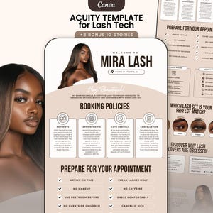 Könnte beinhalten: Eine digitale Vorlage für Wimperntechnikerinnen mit einem Frauenporträt und informativen Grafiken. Das Design umfasst Buchungsrichtlinien, Terminvorbereitung und Wimpernset-Optionen. Die Vorlage ist für Instagram-Stories konzipiert.