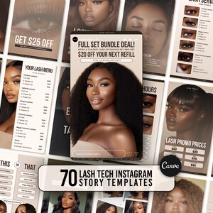 Könnte beinhalten: Eine Sammlung von 70 Instagram-Story-Vorlagen für Wimperntechniker. Die Vorlagen bieten eine Vielzahl von Designs, darunter Bilder von Wimpern, Textüberlagerungen und Werbeangebote. Der Text "70 Lash Tech Instagram Story Templates" wird unten im Bild in großer Schrift angezeigt.