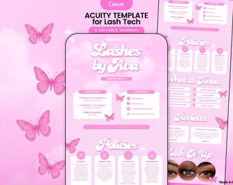 May include: Pink Canva template for Lash Tech, featuring six editable banners. The design includes the text "Welcome to Lashes by Ava" and "Policies". Pink butterflies and a soft background complete the design.
