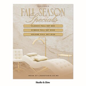 May include: A promotional poster for a lash studio with the text "Fall Season Specials." The poster features a beige chaise lounge, a chair, and a gold-toned lamp. Text includes "Classic Full Set," "Hybrid Full Set," and "Volume Full Set."