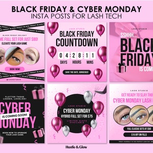 Publications Instagram Lash Tech Black Friday, Cyber Monday, Flyers pour cils, extensions de cils roses, modèles Canva