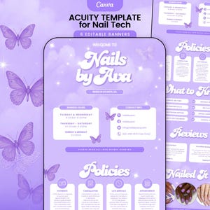 May include: A lavender-themed Canva template for nail technicians, featuring the text "Nails by Ava" and business information. The design includes butterfly illustrations and sections for policies, reviews, and booking details. The template is designed with a soft, dreamy aesthetic.