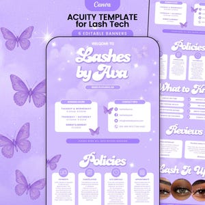 May include: A lavender-themed Canva template for lash technicians. The design features the text "Lashes by Ava" with business information, policies, and reviews. Decorative butterflies and a starry background enhance the aesthetic. The template includes 6 editable banners.