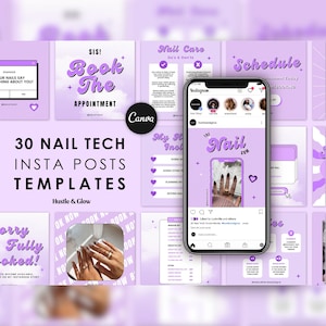 May include: A set of 30 Instagram post templates designed for nail technicians. The templates feature a purple and white colour scheme with a variety of designs, including images of nails, text, and graphics. The text on the templates includes phrases such as "Book the Appointment", "Nail Care", "Schedule", and "My Insta Involve".