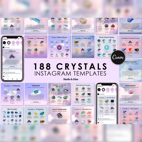 Crystals Instagram Templates, Crystal Healing Properties Posts, Spiritual Instagram Posts, Story Highlight Covers, Canva Templates