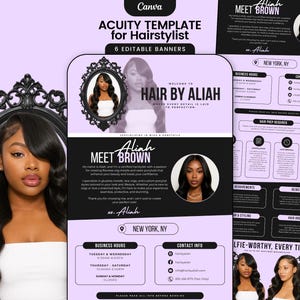 May include: A promotional template for a hairstylist, featuring a woman with long, wavy black hair. The design includes the text "Hair by Aliah" and "Meet Brown," along with business information and a call to action. The color scheme is black, white, and lavender.