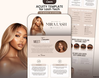 May include: A pink and white template for a lash technician's website. The template features a photo of a woman with long blonde hair and a caption that reads "Meet Tiana Brown". The template also includes information about the lash technician's services, pricing, and booking.