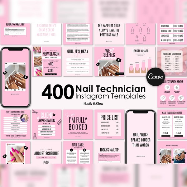 Publications Instagram de la technicienne des ongles, Histoires Instagram assorties, Couvertures des faits saillants de l'histoire, Kit de branding Nail Tech, Modèles Canva, Circulaires pour les ongles