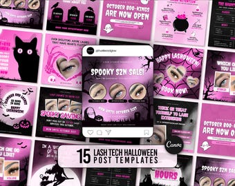 Puede incluir: Una colección de plantillas de redes sociales con temática de Halloween en rosa y negro para técnicos de pestañas. Las plantillas presentan gráficos espeluznantes, estilos de pestañas y texto como "Spooky SZN Sale!" y "October Boo-Kings Are Now Open."