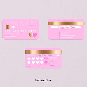 Pode incluir: Cartões de visita cor-de-rosa com detalhes dourados e o texto "Pretty Luxe Salon". Os cartões exibem um design de cartão de crédito com um coração dourado e um coração rosa. O cartão inferior tem um código QR.