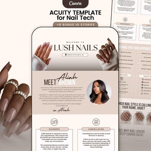 Peut inclure: Un modèle numérique pour les techniciennes ongulaires, avec une palette de couleurs beige clair et blanche. Le design comprend le texte "LUSH NAILS" et "ACUITY TEMPLATE for Nail Tech". Le modèle comprend également des informations sur les rendez-vous, les paiements et les annulations.