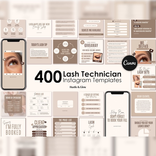 Publications Instagram de Lash Technician, Histoires Instagram assorties, Couvertures de faits saillants de l'histoire, Kit de marque Lash Tech, Modèles Canva, Flyers Lash