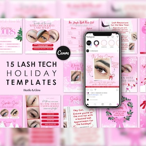 May include: Promotional material for lash tech services, with a smartphone showing an Instagram post. The design incorporates pink hues, festive themes, and text advertising holiday lash deals and templates for the season.