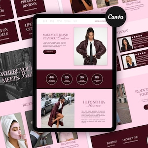 May include: A website design in pink and burgundy, promoting digital marketing services. The design includes a photo of a woman in a leather jacket and tie, and the text "Make Your Brand Stand Out Online".