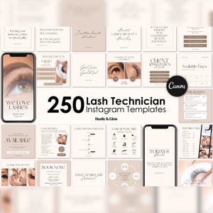 Könnte beinhalten: Eine Sammlung von 250 Instagram-Vorlagen für Wimperntechnikerinnen, die eine Vielzahl von Designs mit einer neutralen Farbpalette in Beige und Braun aufweisen. Die Vorlagen enthalten Text wie "We Love Lashes", "Lash Training", "Lash Appointments", "Lash Aftercare Instructions", "Classic Full Set 75€", "Book Now!" und "Have a Fabulash Weekend".