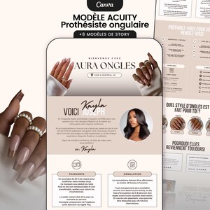 Puede incluir: Anuncio digital para una técnico de uñas, con una combinación de colores beige claro y blanco. El diseño incluye el texto "AURA ONGLES" y "Kayla Joseph", junto con ejemplos de estilos de uñas. El anuncio también incluye información de contacto.